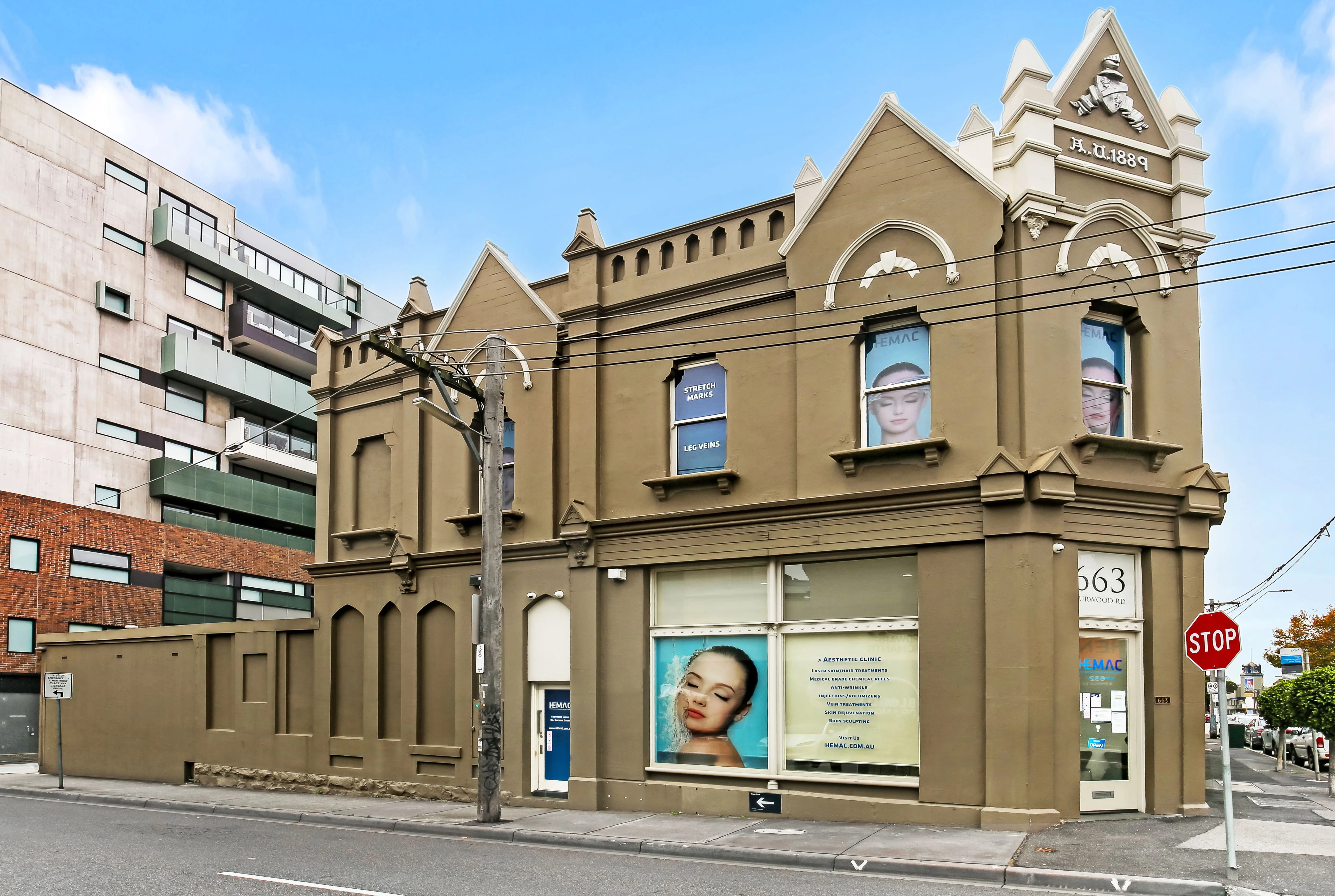 HEMAC Aesthetic & Skin heritage corner building at 663 Burwood Road, Hawthorn East — built 1889